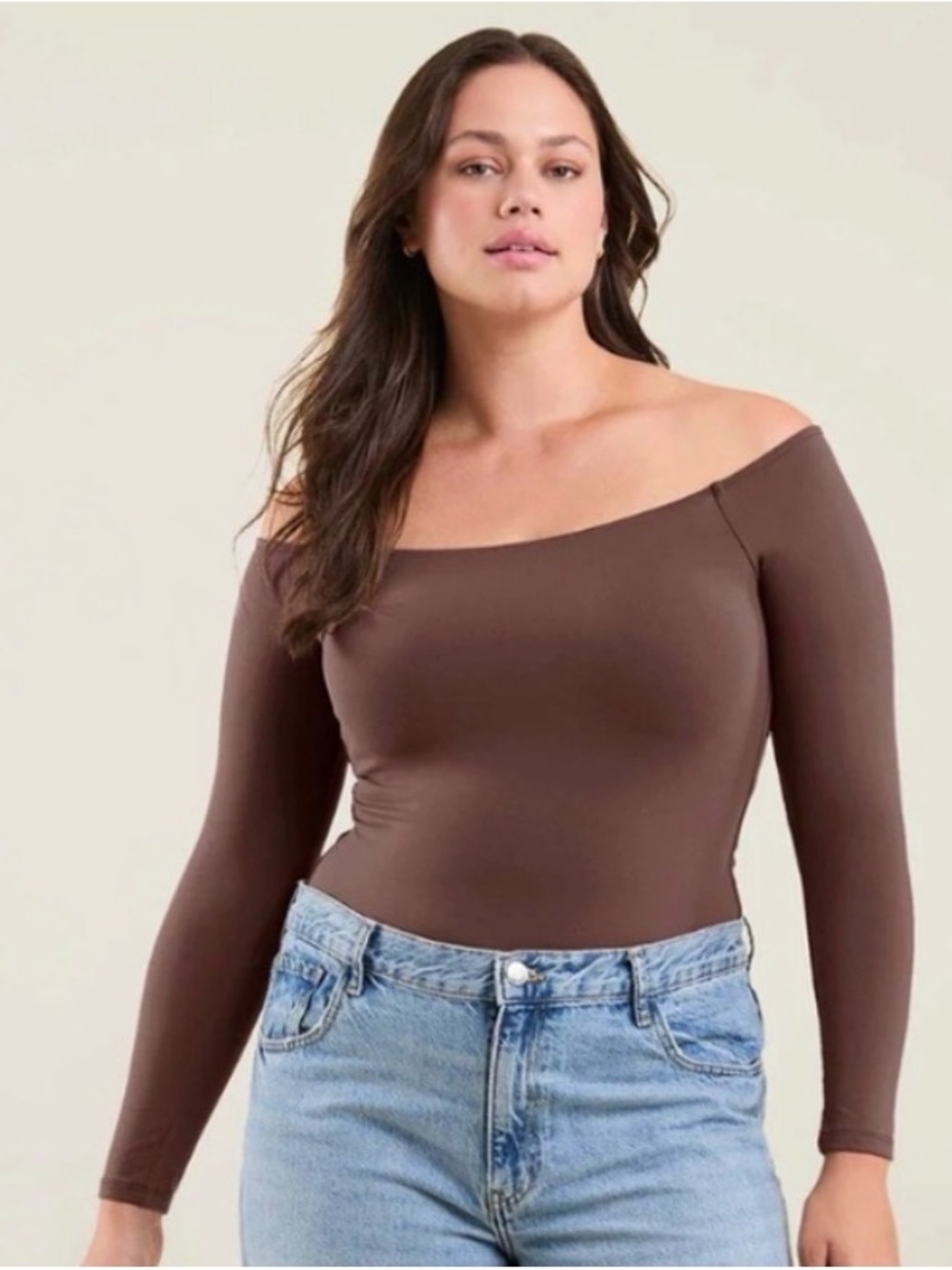 nuuds Off-the-Shoulder Long Sleeve Top in Brown